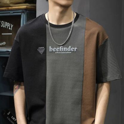 華夫格拼色寬鬆休閒圓運動透氣短袖t恤