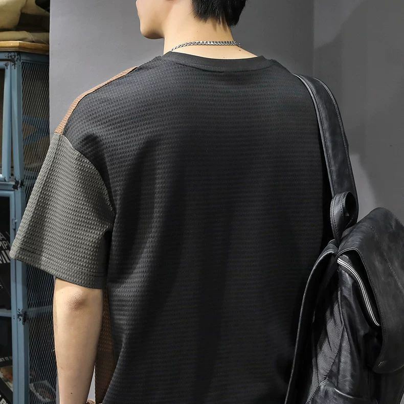 華夫格拼色寬鬆休閒圓運動透氣短袖t恤