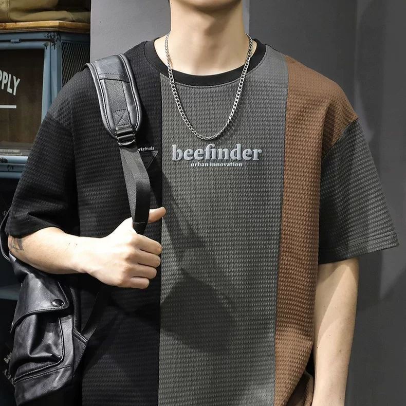 華夫格拼色寬鬆休閒圓運動透氣短袖t恤