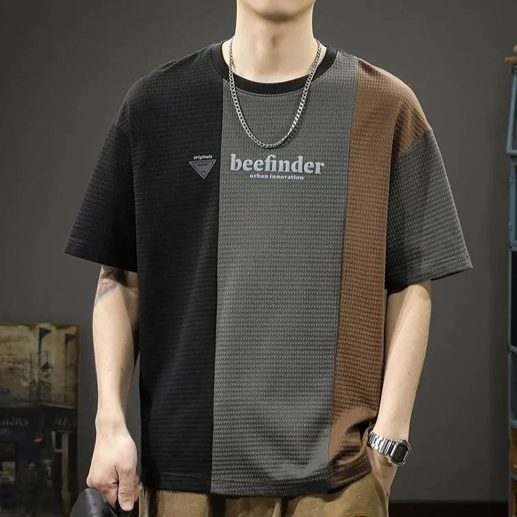 華夫格拼色寬鬆休閒圓運動透氣短袖t恤