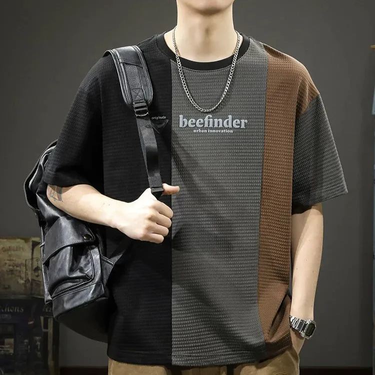 華夫格拼色寬鬆休閒圓運動透氣短袖t恤