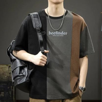 華夫格拼色寬鬆休閒圓運動透氣短袖t恤