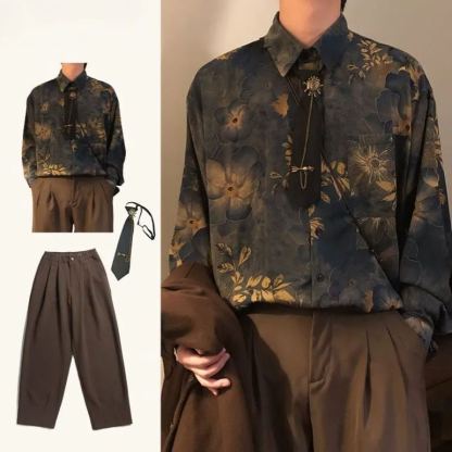 【單件/套裝】新中式古著感印花寬鬆長袖襯衫+領帶+西褲三件套
