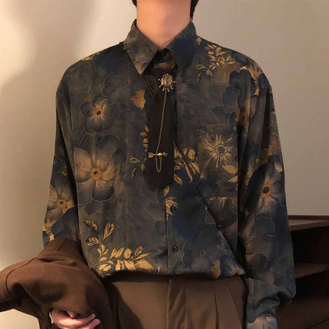 【單件/套裝】新中式古著感印花寬鬆長袖襯衫+領帶+西褲三件套