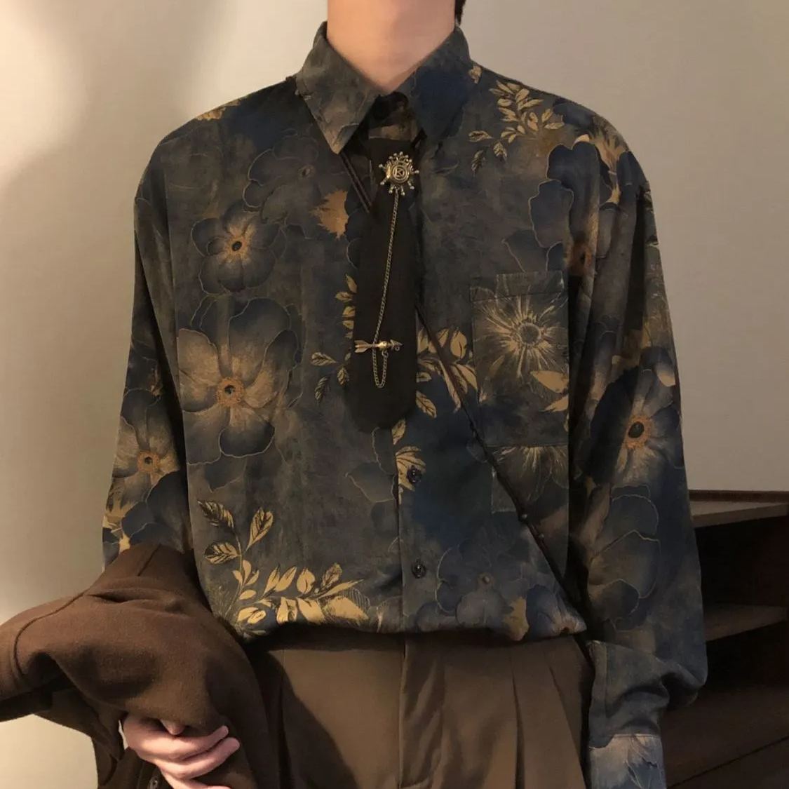 【單件/套裝】新中式古著感印花寬鬆長袖襯衫+領帶+西褲三件套