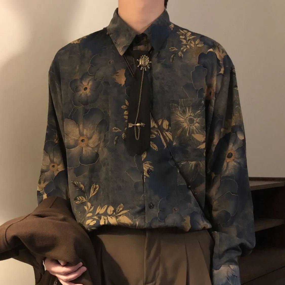 【單件/套裝】新中式古著感印花寬鬆長袖襯衫+領帶+西褲三件套