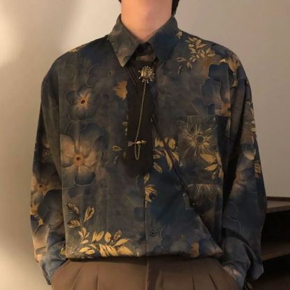 【單件/套裝】新中式古著感印花寬鬆長袖襯衫+領帶+西褲三件套