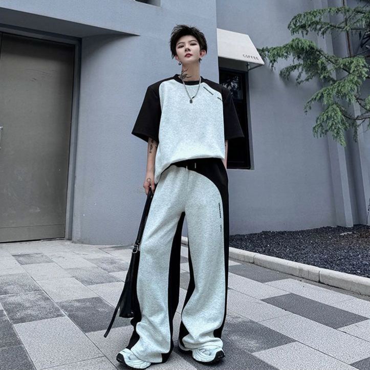 【整套】美式復古拼接撞色痞帥短袖T恤+設計感休閑長褲兩件套