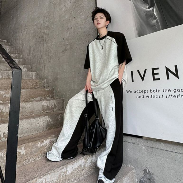 【整套】美式復古拼接撞色痞帥短袖T恤+設計感休閑長褲兩件套