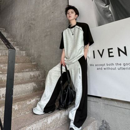【整套】美式復古拼接撞色痞帥短袖T恤+設計感休閑長褲兩件套