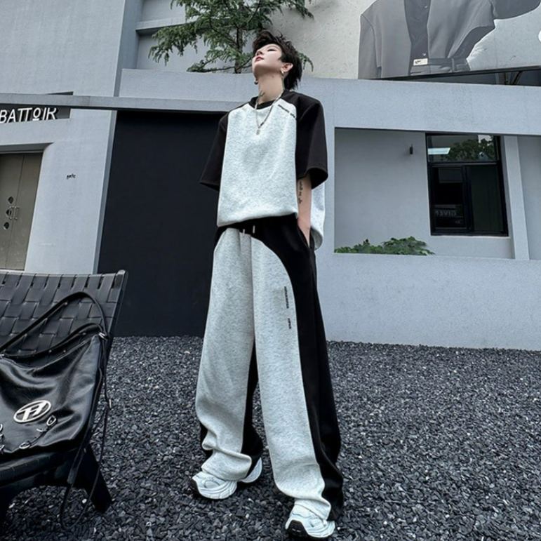 【整套】美式復古拼接撞色痞帥短袖T恤+設計感休閑長褲兩件套