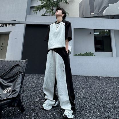 【整套】美式復古拼接撞色痞帥短袖T恤+設計感休閑長褲兩件套