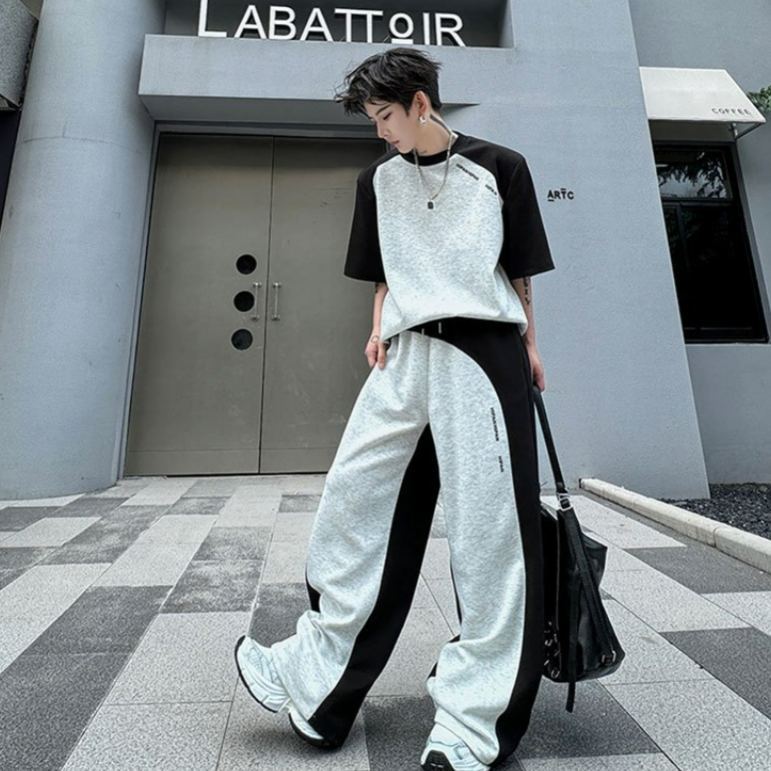 【整套】美式復古拼接撞色痞帥短袖T恤+設計感休閑長褲兩件套
