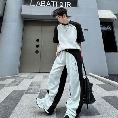 【整套】美式復古拼接撞色痞帥短袖T恤+設計感休閑長褲兩件套