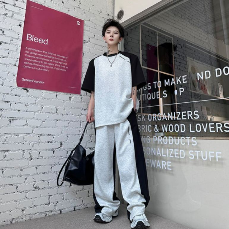 【整套】美式復古拼接撞色痞帥短袖T恤+設計感休閑長褲兩件套