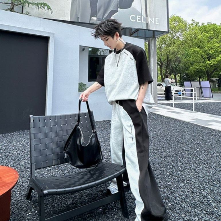 【整套】美式復古拼接撞色痞帥短袖T恤+設計感休閑長褲兩件套