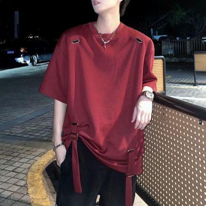 小眾金屬設計感綁帶闊版潮流高街長袖T恤