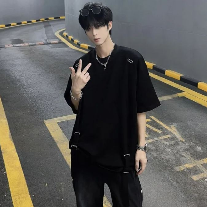 小眾金屬設計感綁帶闊版潮流高街長袖T恤