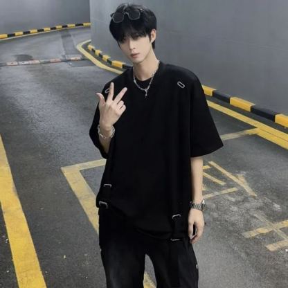 小眾金屬設計感綁帶闊版潮流高街長袖T恤