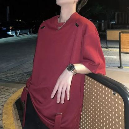 小眾金屬設計感綁帶闊版潮流高街長袖T恤