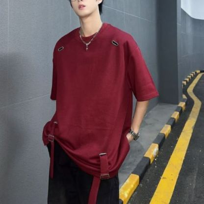 小眾金屬設計感綁帶闊版潮流高街長袖T恤