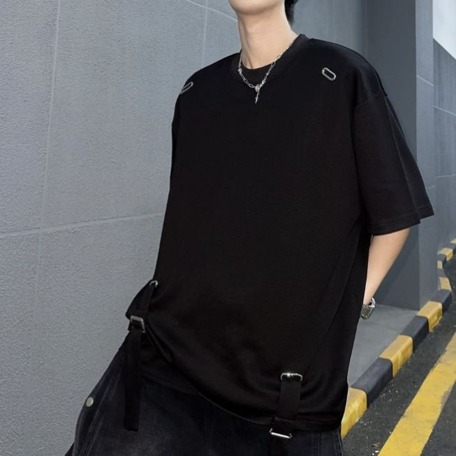 小眾金屬設計感綁帶闊版潮流高街長袖T恤