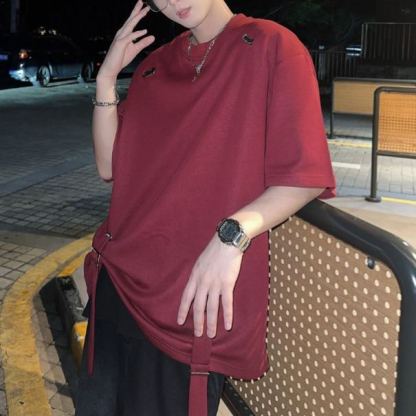 小眾金屬設計感綁帶闊版潮流高街長袖T恤