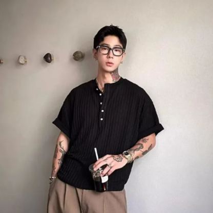 肌理褶皺軟糯感亨利領修身V領短袖t恤