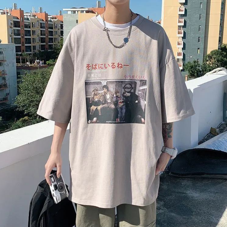 港風潮流寬鬆大碼印花百搭排扣短袖t恤