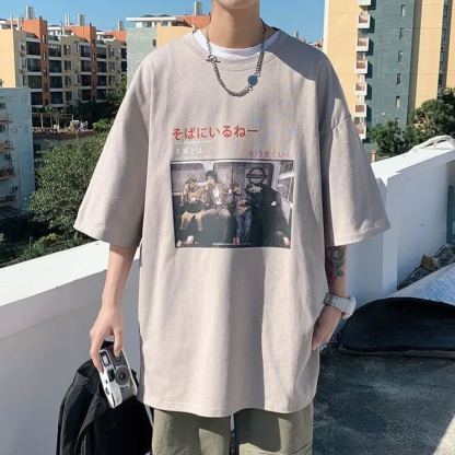 港風潮流寬鬆大碼印花百搭排扣短袖t恤