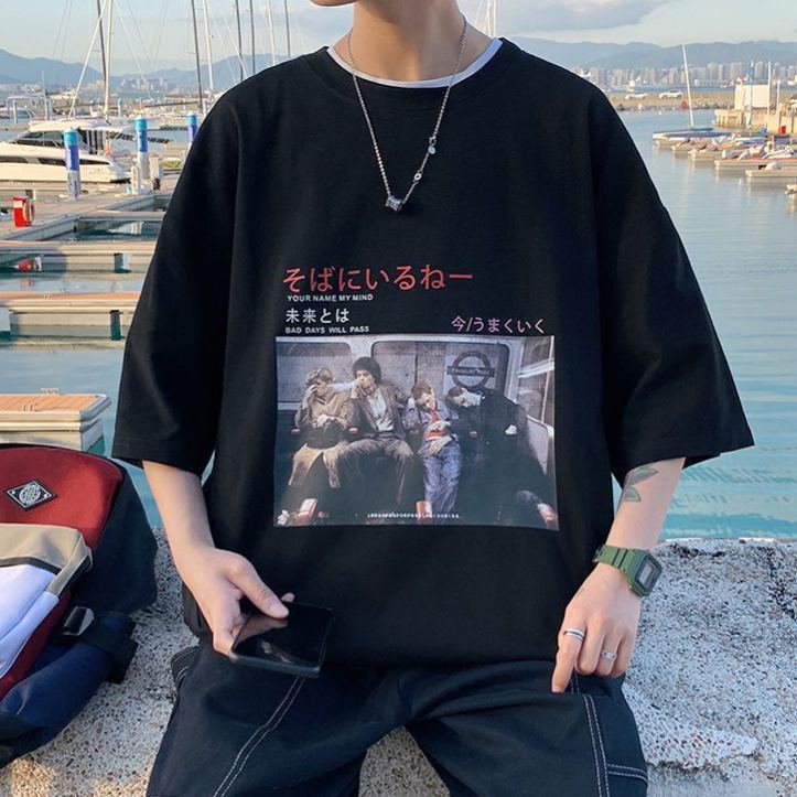 港風潮流寬鬆大碼印花百搭排扣短袖t恤