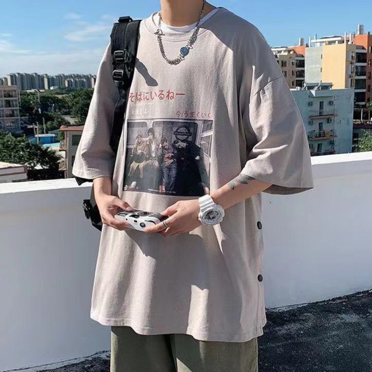 港風潮流寬鬆大碼印花百搭排扣短袖t恤