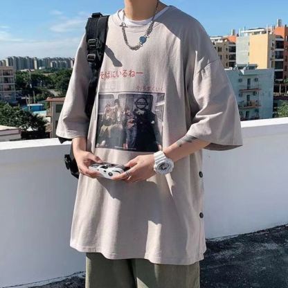 港風潮流寬鬆大碼印花百搭排扣短袖t恤