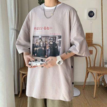 港風潮流寬鬆大碼印花百搭排扣短袖t恤