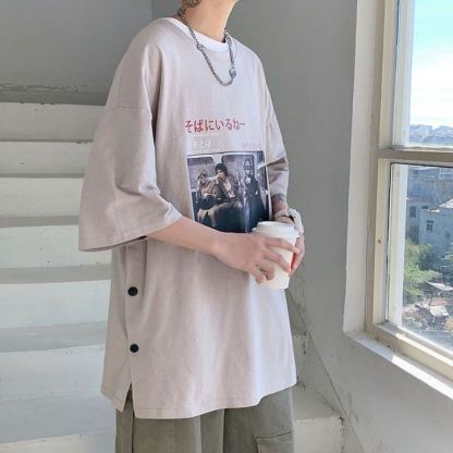 港風潮流寬鬆大碼印花百搭排扣短袖t恤