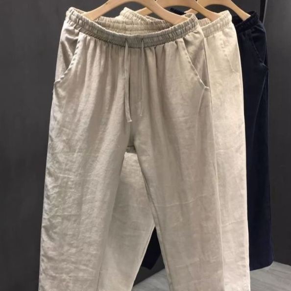 薄款透氣棉麻休閒褲直筒寬鬆九分褲