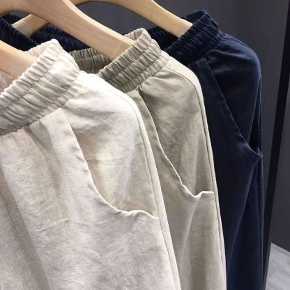 薄款透氣棉麻休閒褲直筒寬鬆九分褲