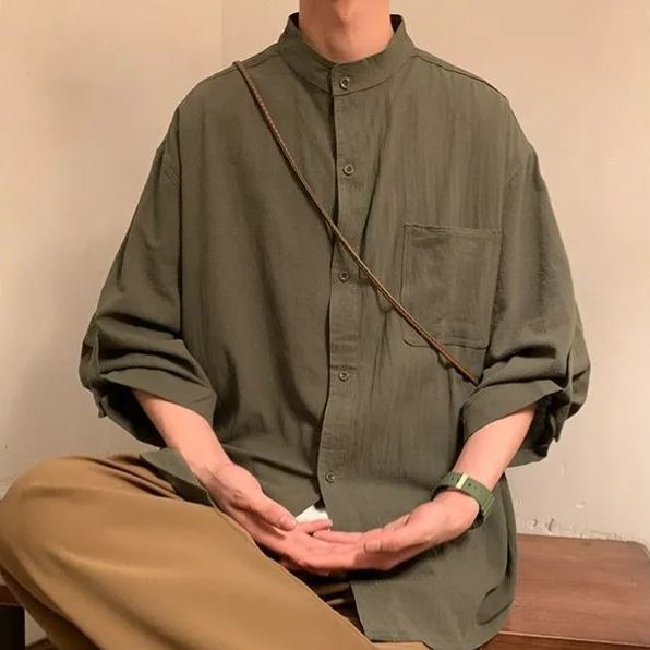 棉麻新中式國風八分袖無領短袖襯衫