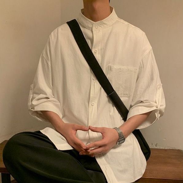 棉麻新中式國風八分袖無領短袖襯衫