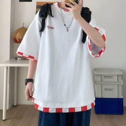 港風寬鬆五分袖百搭休閒假兩件短袖T恤