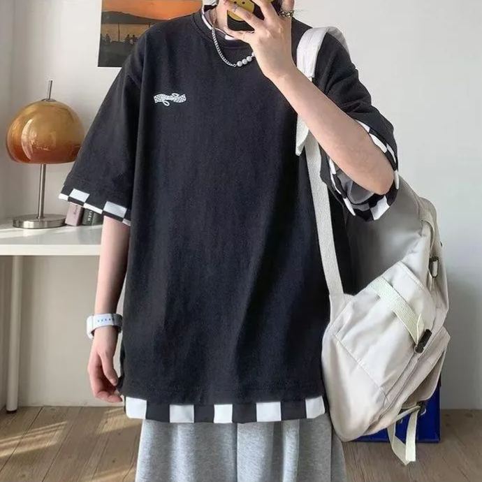 港風寬鬆五分袖百搭休閒假兩件短袖T恤