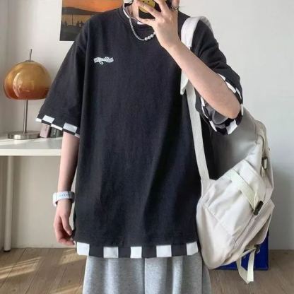 港風寬鬆五分袖百搭休閒假兩件短袖T恤