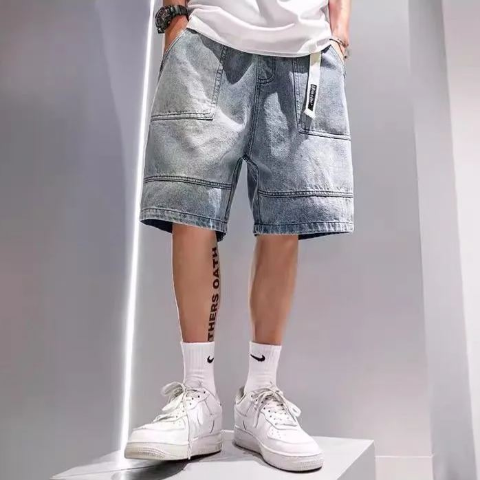 工裝寬鬆直筒簡約休閒五分牛仔短褲