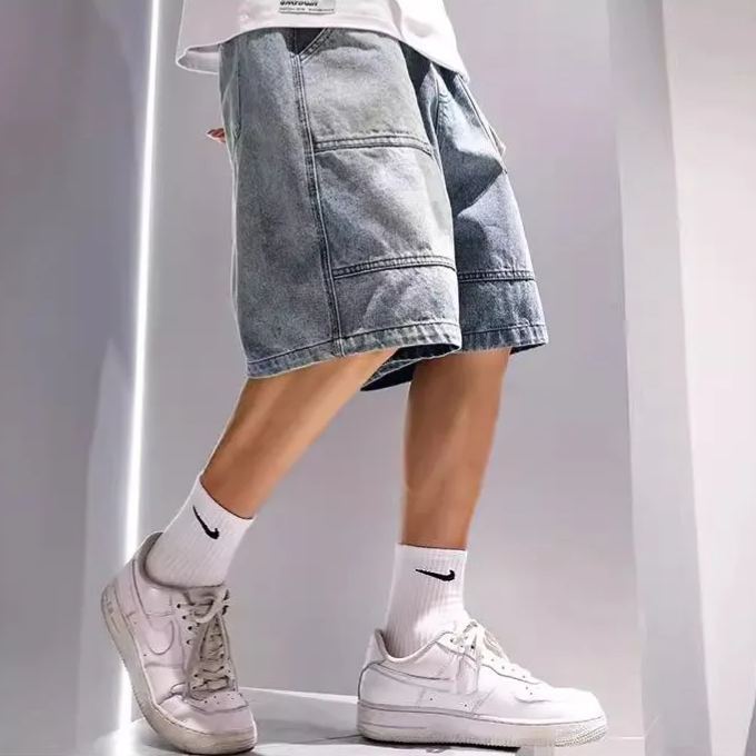 工裝寬鬆直筒簡約休閒五分牛仔短褲