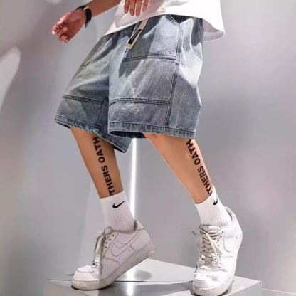 工裝寬鬆直筒簡約休閒五分牛仔短褲