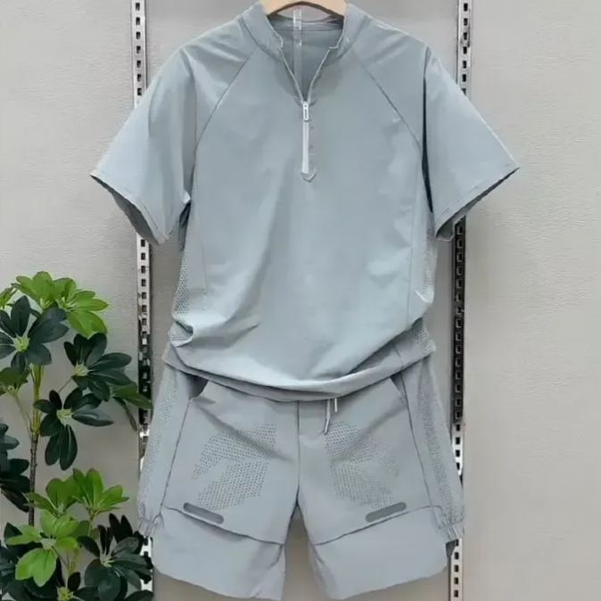 【整套】速乾潮流半拉鏈立領網眼短袖休閒褲兩件套裝
