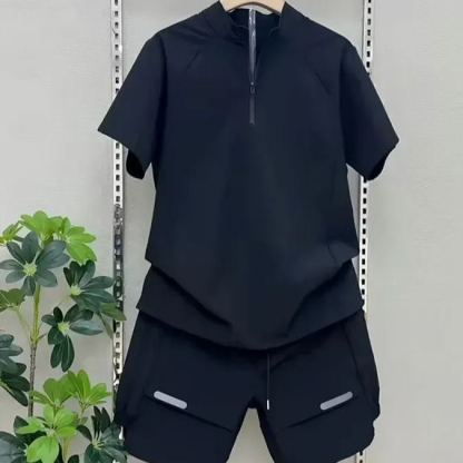 【整套】速乾潮流半拉鏈立領網眼短袖休閒褲兩件套裝