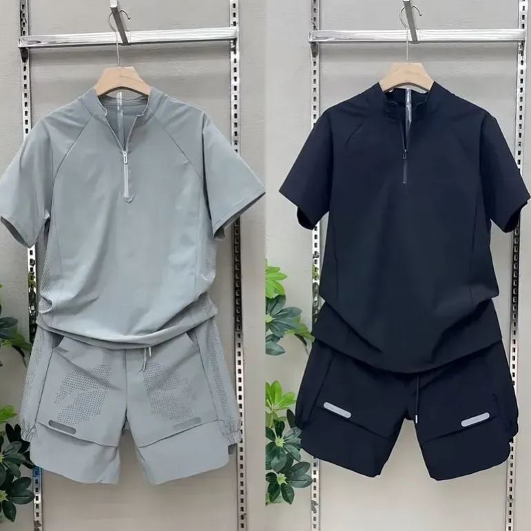 【整套】速乾潮流半拉鏈立領網眼短袖休閒褲兩件套裝