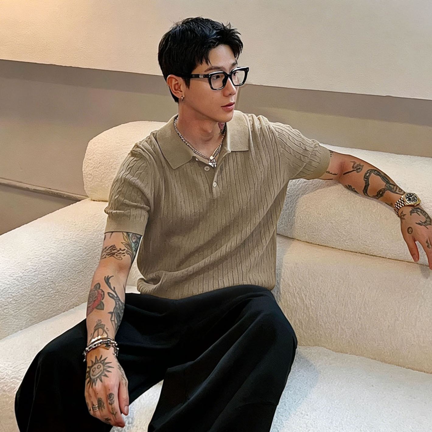 POLO衫麻花肌理感冰絲老錢風短袖T恤