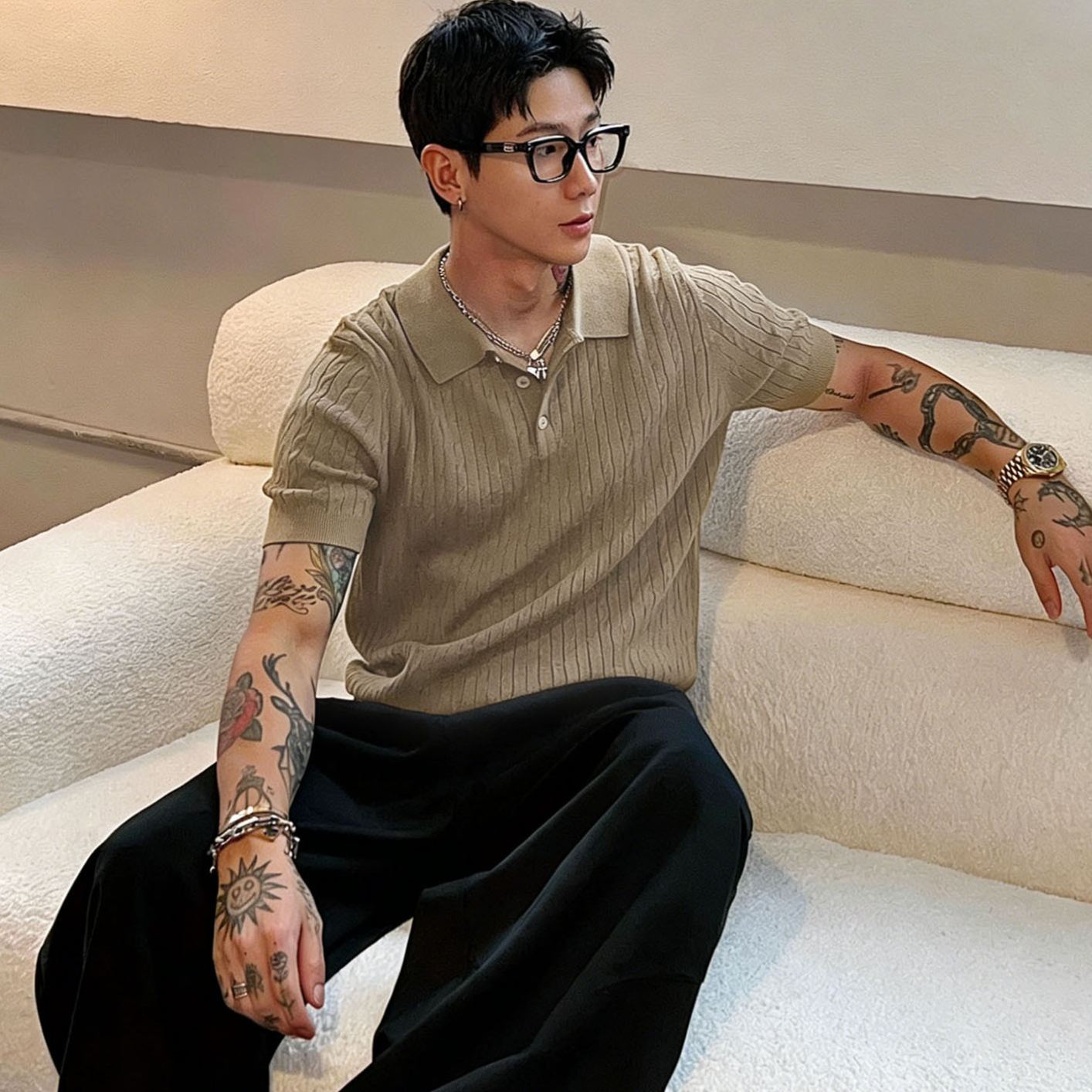 POLO衫麻花肌理感冰絲老錢風短袖T恤